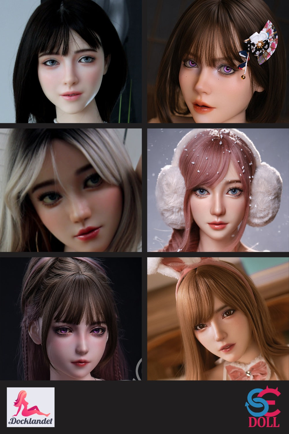 Bilden visar ett urval av silikon-huvuden från märket SE-Doll, tillsammans med Docklandets och SE-Doll's logotyper