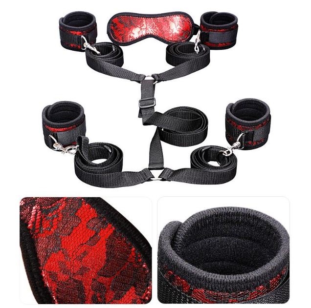 BDSM Kit - Håndjern, blonderantrekk og øyemaske (sett med 7 deler)